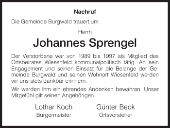 Traueranzeige von Johannes Sprengel von HNA