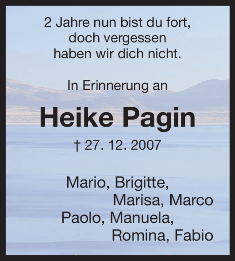  Traueranzeige für Heike Pagin vom 28.12.2009 aus HNA