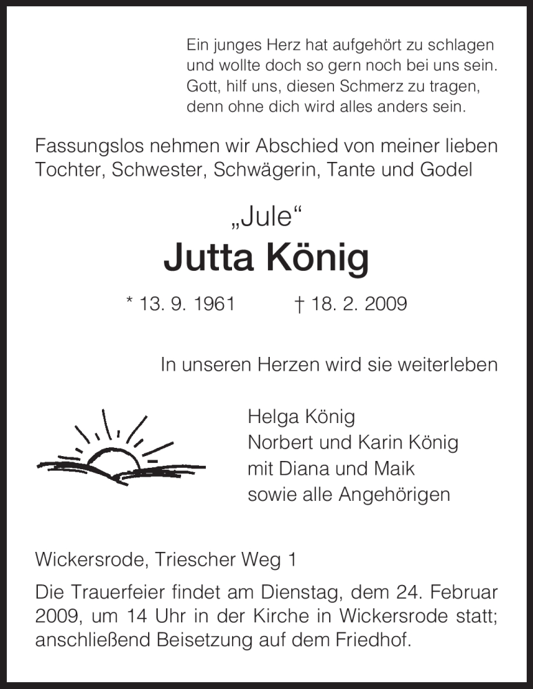  Traueranzeige für Jutta König vom 20.02.2009 aus HNA