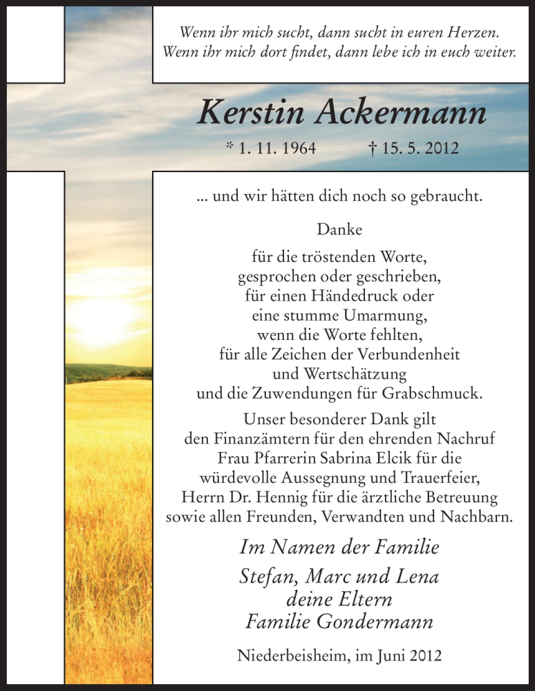 Traueranzeige für Kerstin Ackermann vom 16.06.2012 aus HNA