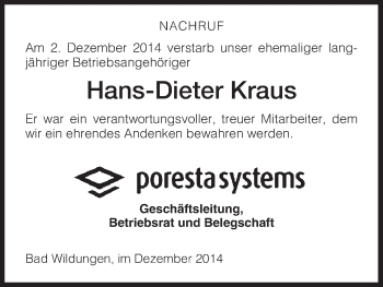 Traueranzeige von Hans-Dieter Kraus von HNA