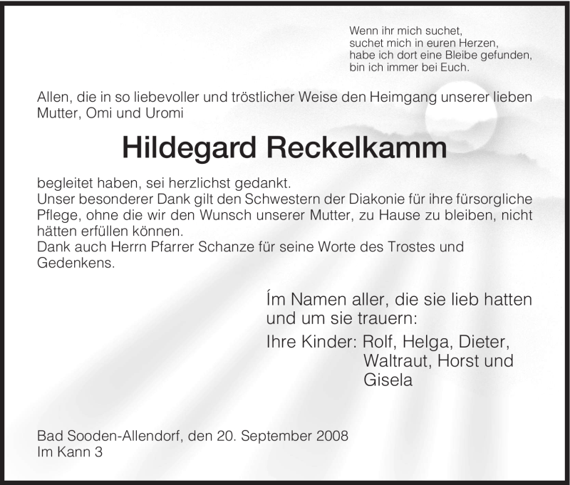  Traueranzeige für Hildegard Reckelkamm vom 20.09.2008 aus HNA