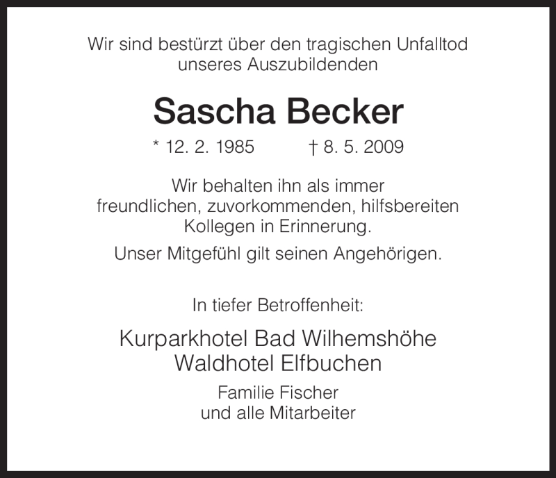  Traueranzeige für Sascha Becker vom 15.05.2009 aus HNA