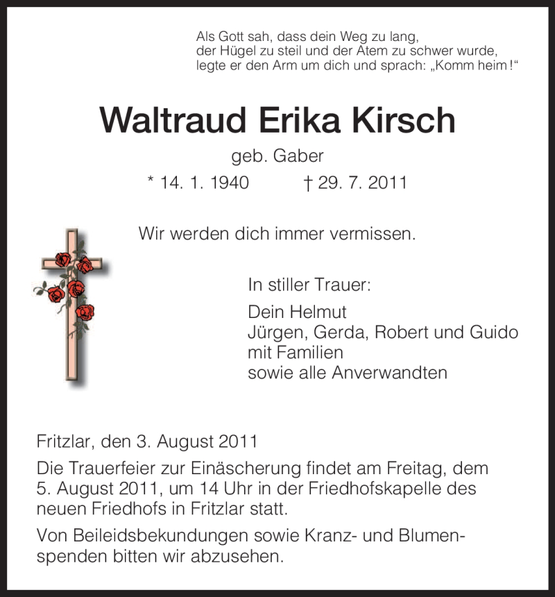  Traueranzeige für Waltraud Erika Kirsch vom 03.08.2011 aus HNA
