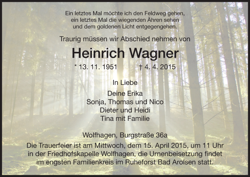  Traueranzeige für Heinrich Wagner vom 11.04.2015 aus HNA