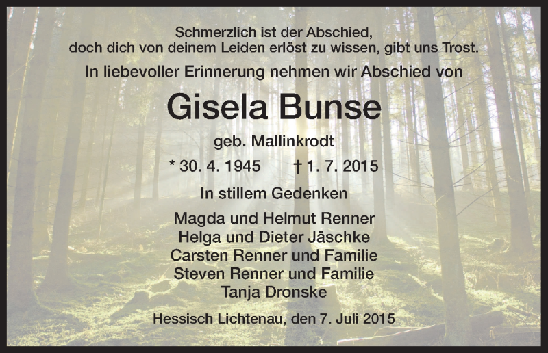  Traueranzeige für Gisela Bunse vom 07.07.2015 aus HNA