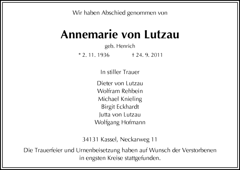  Traueranzeige für Annemarie von Lutzau vom 08.10.2011 aus HNA