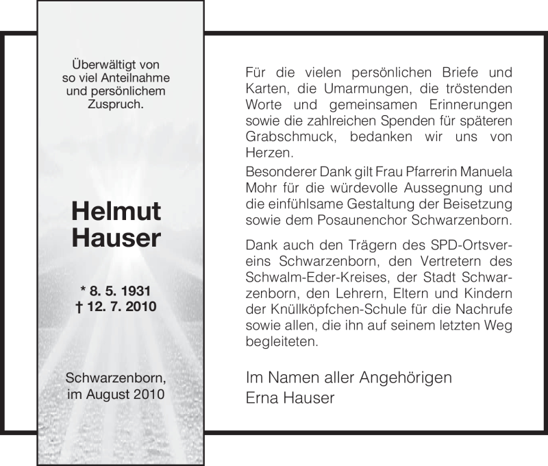 Traueranzeige für Helmut Hauser vom 21.08.2010 aus HNA