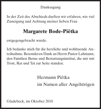 Traueranzeige von Margarete Bode-Pietka von HNA