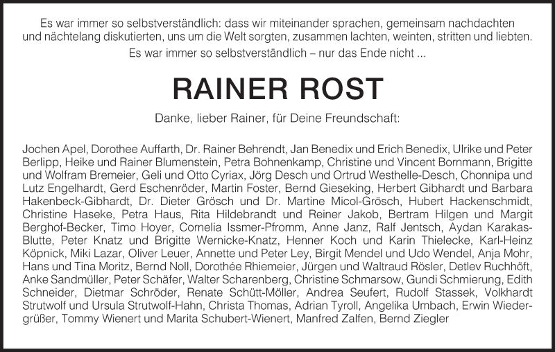  Traueranzeige für Rainer Rost vom 18.02.2015 aus HNA