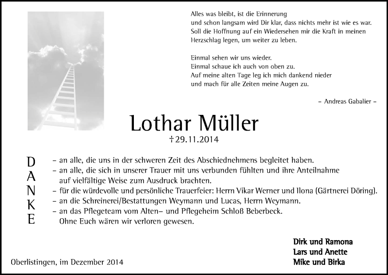  Traueranzeige für Lothar Müller vom 27.12.2014 aus HNA