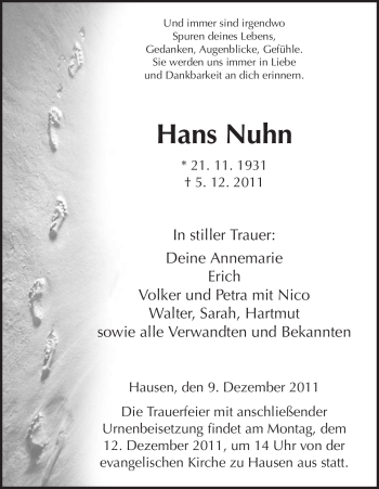 Traueranzeige von Hans Nuhn von HNA