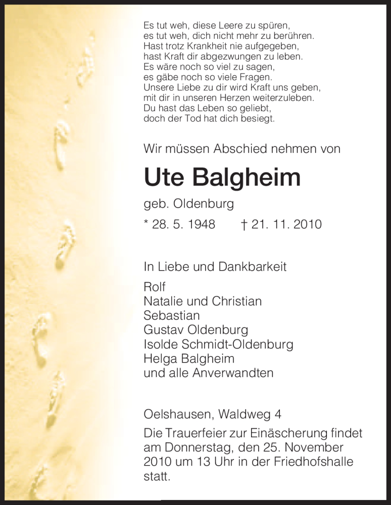  Traueranzeige für Ute Balgheim vom 23.11.2010 aus HNA