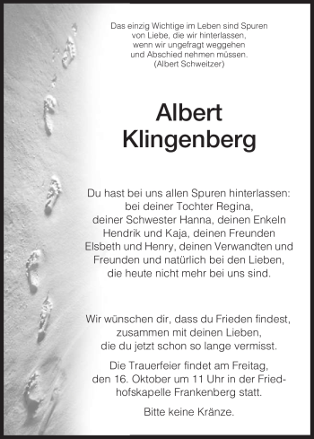 Traueranzeige von Albert Klingenberg von HNA