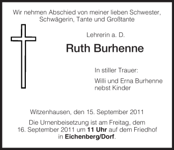 Traueranzeige von Ruth Burhenne von HNA