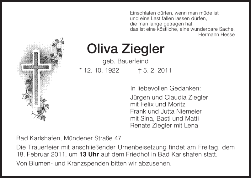  Traueranzeige für Oliva Ziegler vom 12.02.2011 aus HNA