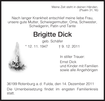Traueranzeige von Brigitte Dick von HNA
