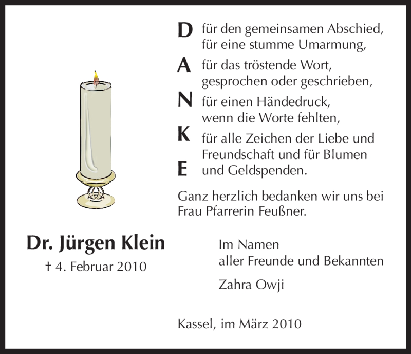  Traueranzeige für Jürgen Klein vom 06.03.2010 aus HNA