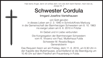 Traueranzeige von Schwester Cordula von HNA