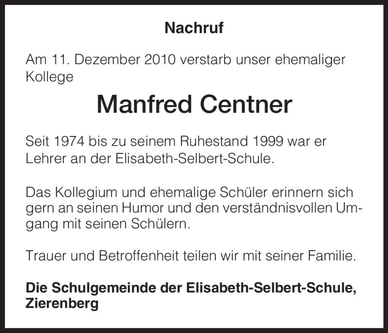  Traueranzeige für Manfred Centner vom 17.12.2010 aus HNA