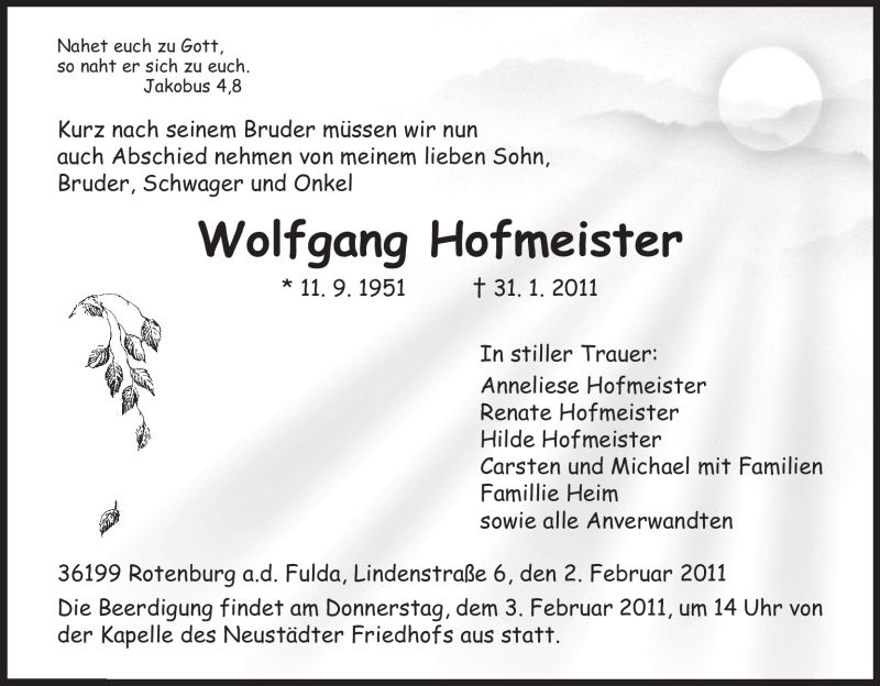  Traueranzeige für Wolfgang Hofmeister vom 02.02.2011 aus HNA