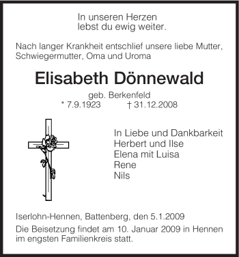 Traueranzeige von Elisabeth Dönnewald von HNA