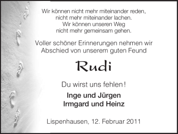 Traueranzeige von Rudi Unbekannt von HNA