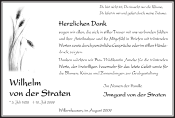 Traueranzeige von Wilhelm von der Straten von HNA