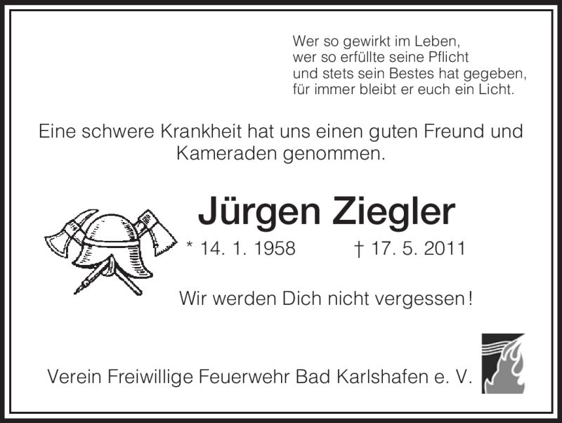  Traueranzeige für Jürgen Ziegler vom 21.05.2011 aus HNA