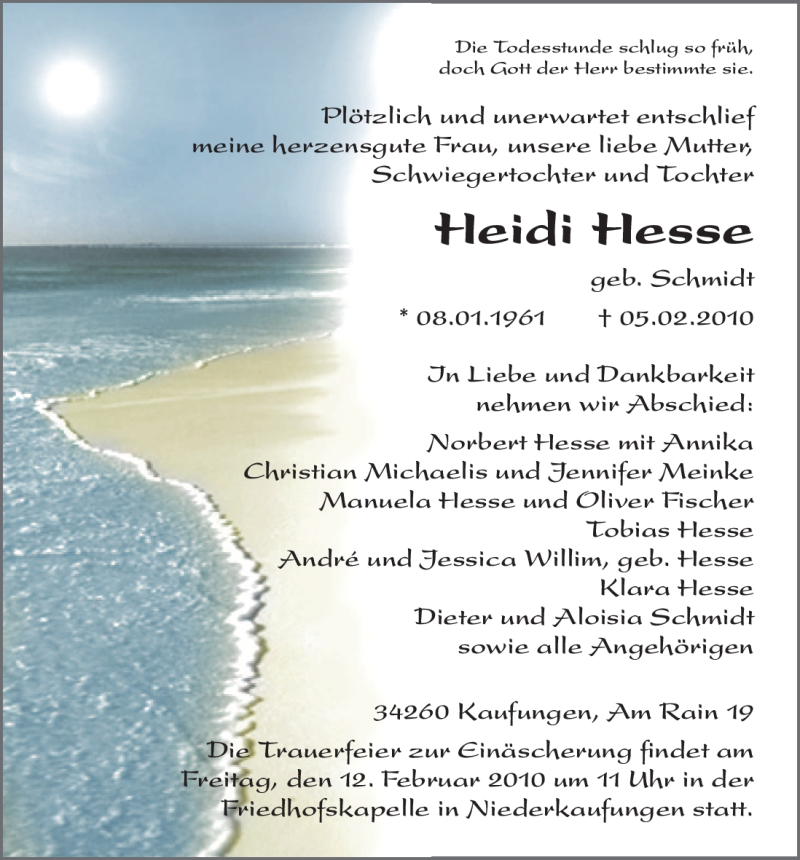  Traueranzeige für Heidi Hesse vom 10.02.2010 aus HNA