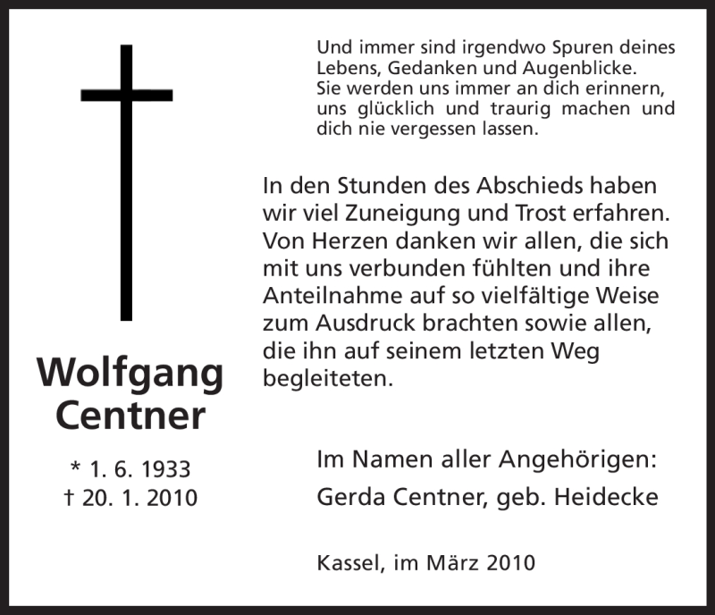  Traueranzeige für Wolfgang Centner vom 06.03.2010 aus HNA