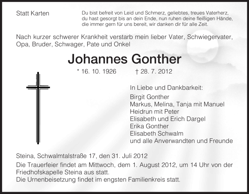  Traueranzeige für Johannes Gonther vom 31.07.2012 aus HNA