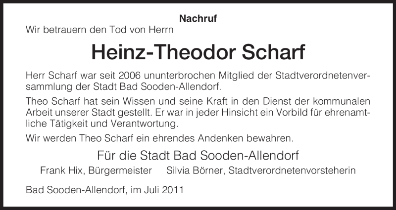  Traueranzeige für Heinz-Theodor Scharf vom 02.07.2011 aus HNA