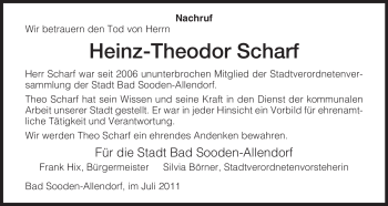 Traueranzeige von Heinz-Theodor Scharf von HNA
