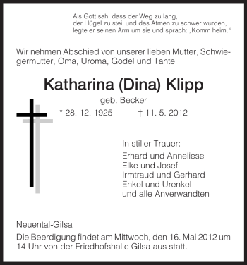 Traueranzeige von Katharina Klipp von HNA