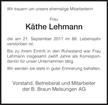 Traueranzeige von Käthe Lehmann von HNA