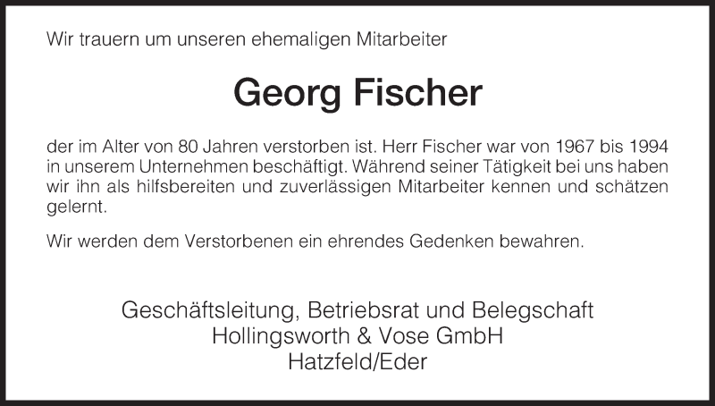  Traueranzeige für Georg Fischer vom 05.02.2015 aus HNA