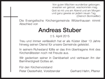 Traueranzeige von Andreas Stuber von HNA