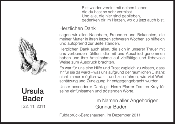 Traueranzeige von Ursula Bader von HNA