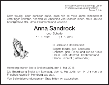 Traueranzeige von Anna Sandrock von HNA