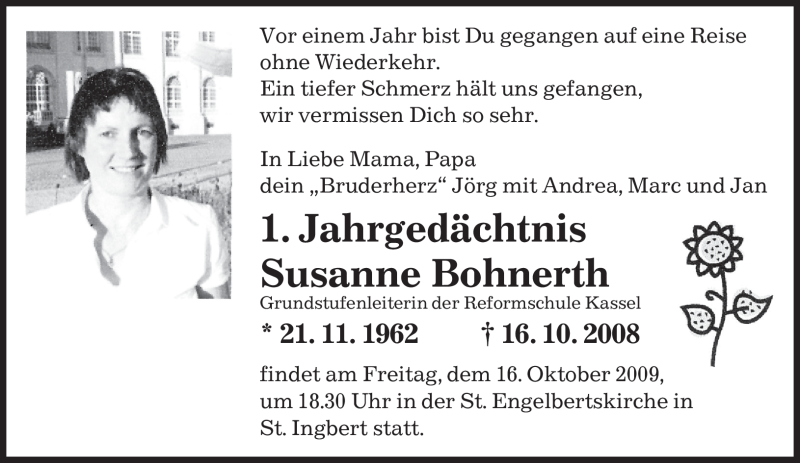  Traueranzeige für Susanne Bohnerth vom 16.10.2009 aus HNA