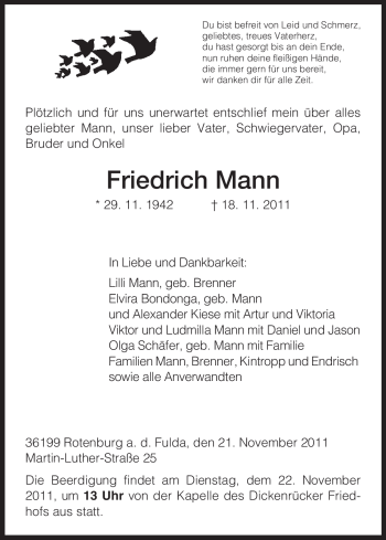 Traueranzeige von Friedrich Mann von HNA