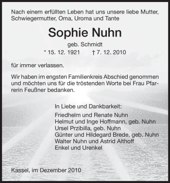 Traueranzeige von Sophie Nuhn von HNA