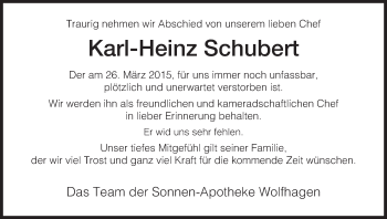 Traueranzeige von Karl-Heinz Schubert von HNA