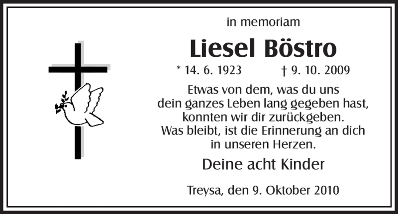  Traueranzeige für Liesel Böstro vom 09.10.2010 aus HNA