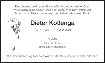 Traueranzeige von Dieter Kotlenga von HNA