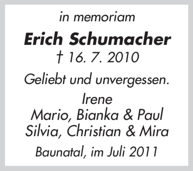  Traueranzeige für Erich Schumacher vom 16.07.2011 aus HNA