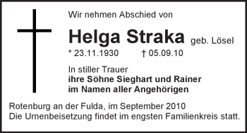 Traueranzeige von Helga Straka von HNA