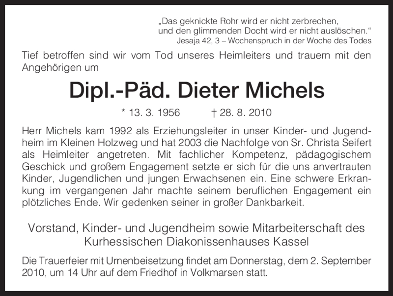  Traueranzeige für Dieter Michels vom 01.09.2010 aus HNA