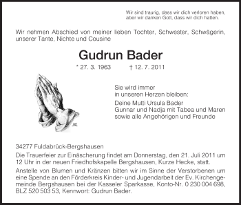 Traueranzeige von Gudrun Bader von HNA